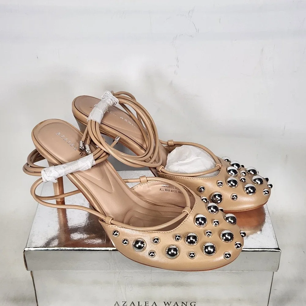 AZALEA WANG Pump Women Size 7 Nude Studded Lace Up Ankle Wrap Stiletto Heel